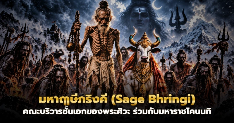 ภาพประกอบ ฤๅษีภฤงคีร่างผอมจนเห็นซี่โครงยืนคู่โคนันทิ มีพระศิวะอยู่เบื้องหลังบนเขาไกรลาส