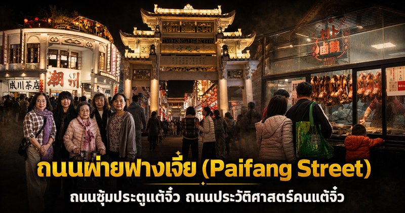 ซุ้มประตูหินแต้จิ๋วโบราณยามพลบค่ำ