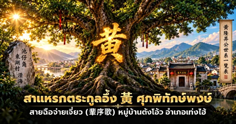 ภาพประกอบ ต้นไม้ใหญ่มีอักษร 黃 สีทองบนลำต้น ศิลาจารึก 池仔角 東湖村 澄海 ม้วนป้าย 黃隆昇公世系一覽表 และศาลบรรพชนตระกูลอึ้ง 黃氏家祠