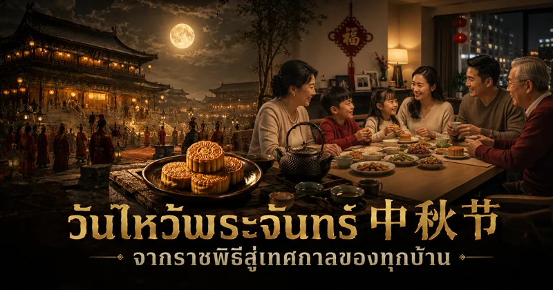 โต๊ะไหว้พระจันทร์ประดับขนมและผลไม้ยามค่ำคืน