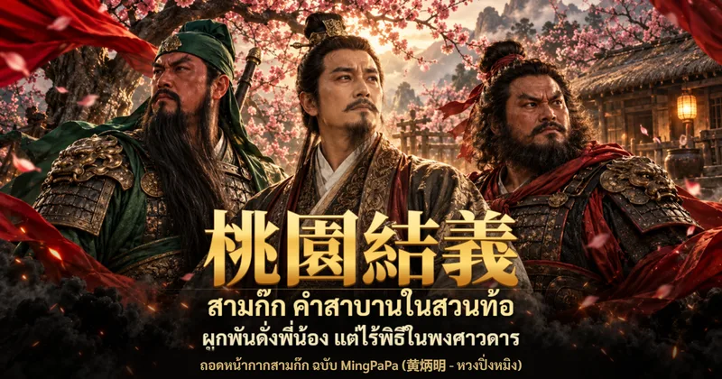 ภาพปกสามก๊ก เล่าปี่ยืนกลางระหว่างกวนอูเคราดำยาวในชุดเกราะสีเขียวกับเตียวหุยเคราดกในชุดเกราะแดงดำ ฉากหลังเป็นสวนท้อดอกบานกับบ้านชาวนาจุดตะเกียง พร้อมอักษร 桃園結義 และข้อความ สามก๊ก คำสาบานในสวนท้อ ผูกพันดั่งพี่น้อง แต่ไร้พิธีในพงศาวดาร