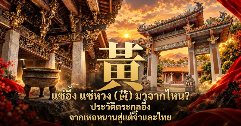 ภาพปกอักษร 黃 สีทองขนาดใหญ่กลางภาพ ด้านซ้ายเป็นโถงศาลบรรพชนจีนไม้แกะสลักลงรักปิดทองกับกระถางธูปสำริดสามขา ด้านขวาเป็นซุ้มประตูหินมีสิงโตหินเฝ้าหน้าศาลเจ้าหลังคาสีส้มยามพระอาทิตย์ตก พร้อมข้อความ แซ่อึ้ง แซ่หวง (黃) มาจากไหน? ประวัติตระกูลอึ้ง จากเหอหนานสู่แต้จิ๋วและไทย