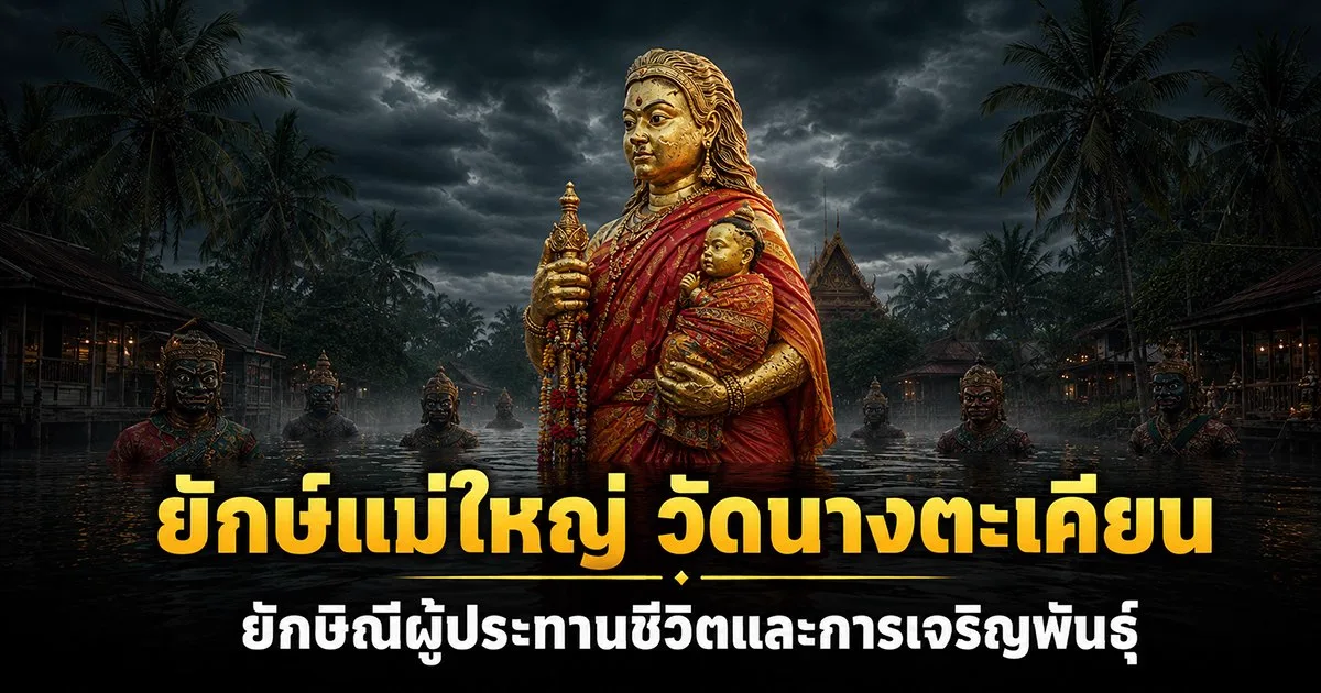 ภาพประกอบยักษ์แม่ใหญ่ วัดนางตะเคียน องค์สีทองห่มผ้าแดงอุ้มบุตรชายไว้ในอ้อมแขน